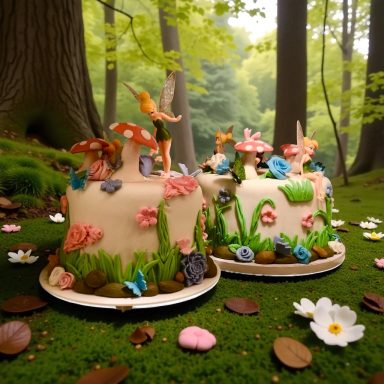Two whimsical cakes decorated with flowers, mushrooms, and butterflies in a forest setting.