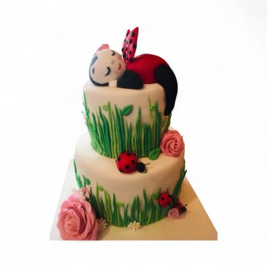A two-tiered cake with a sleeping cat, ladybugs, and decorative flowers.