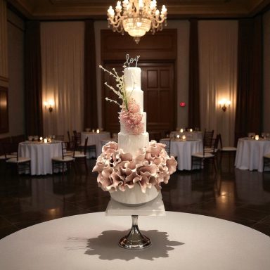A tall, elegant wedding cake decorated with pink flowers, set in a dimly lit banquet hall.